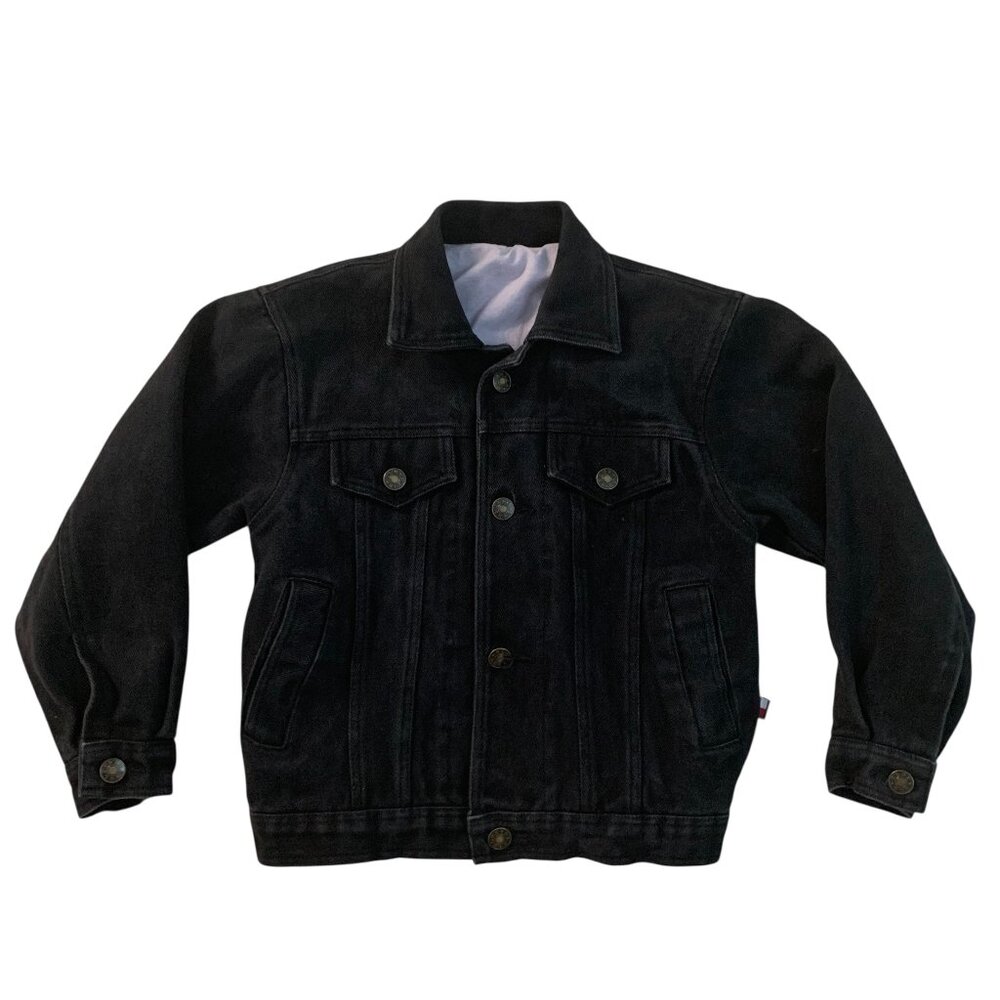 VTG Tommy Hilfiger Unisex Kids size 6 Black Denim Jacket Adjustable Waist